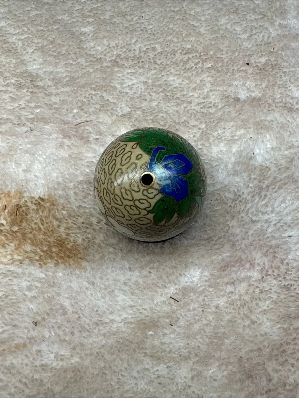 Floral Chinese Cloisonne Tiny Egg W Wood Stand Gold Green Pink
